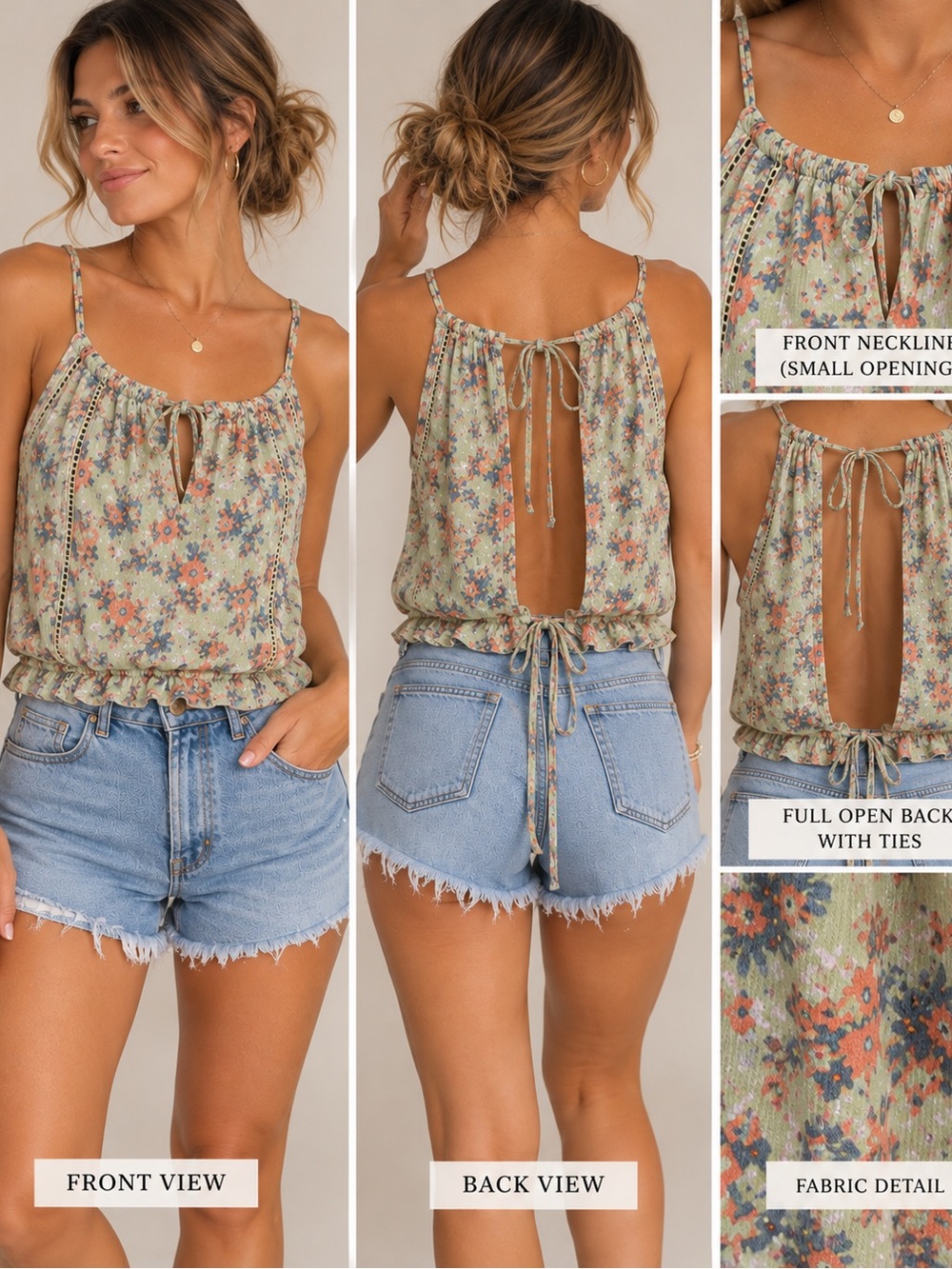 Floral Tie-Back Spaghetti Strap Tank Top - Sage Floral